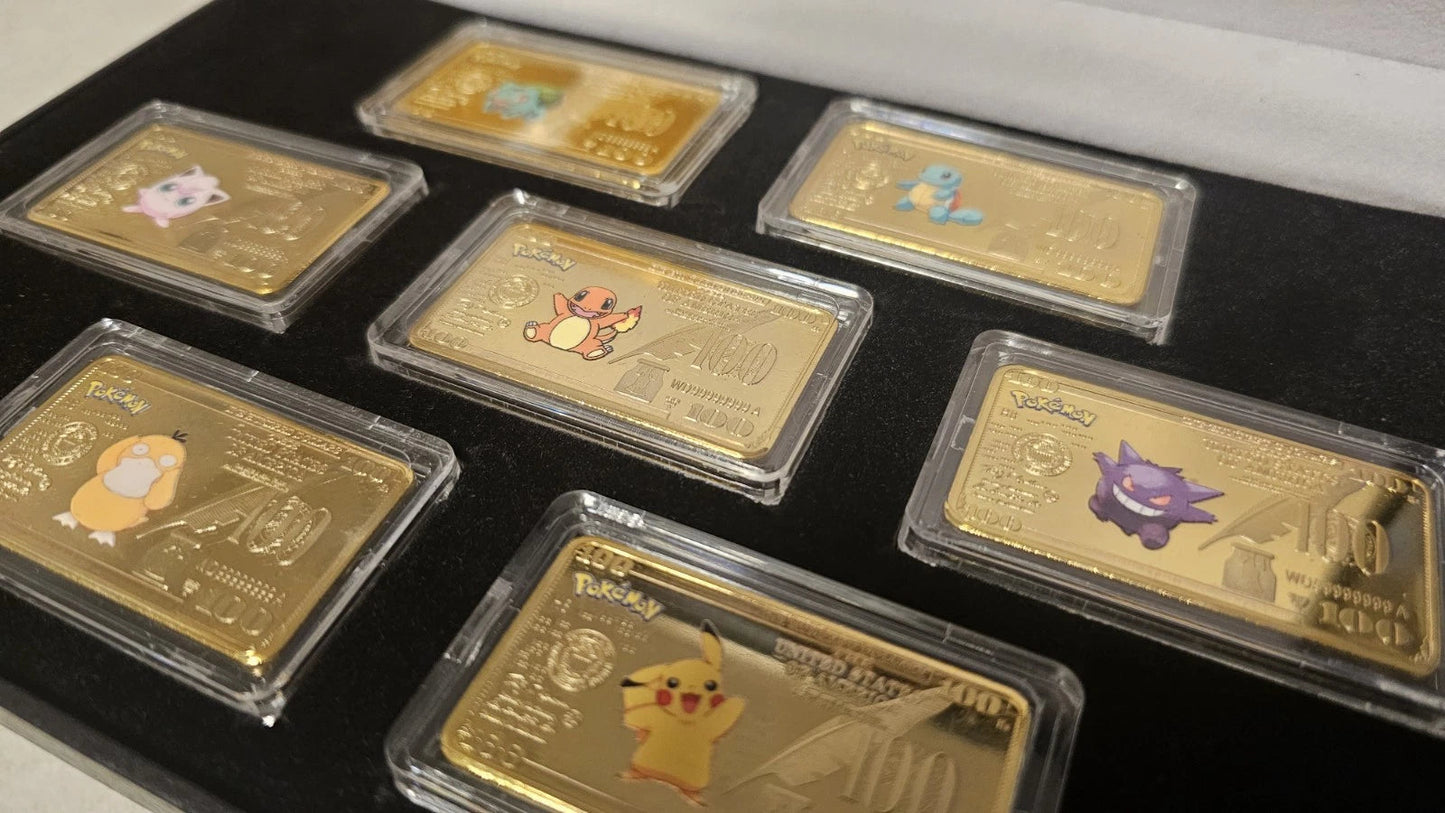 7 Piece Pokemon Gold Bar 1oz Bullion Box Set (Gold Plated) Vyu33Cards